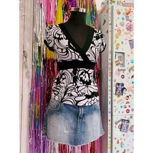 Vintage Y2K 2000s Black and White Floral Empire Waist Tie Back Top